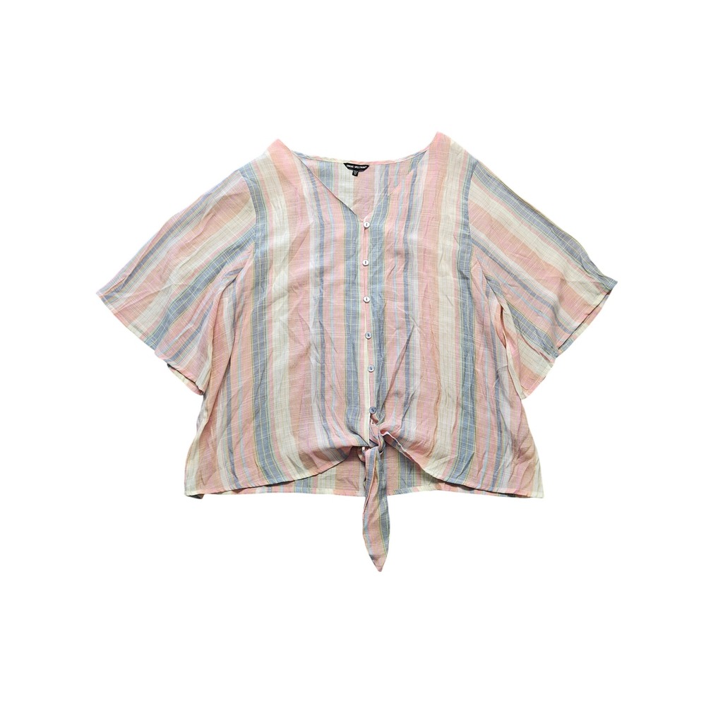 Unique Spectrum Women 2X Pastel Stripe Tie Front Button Up Flutter Sleeve Blouse